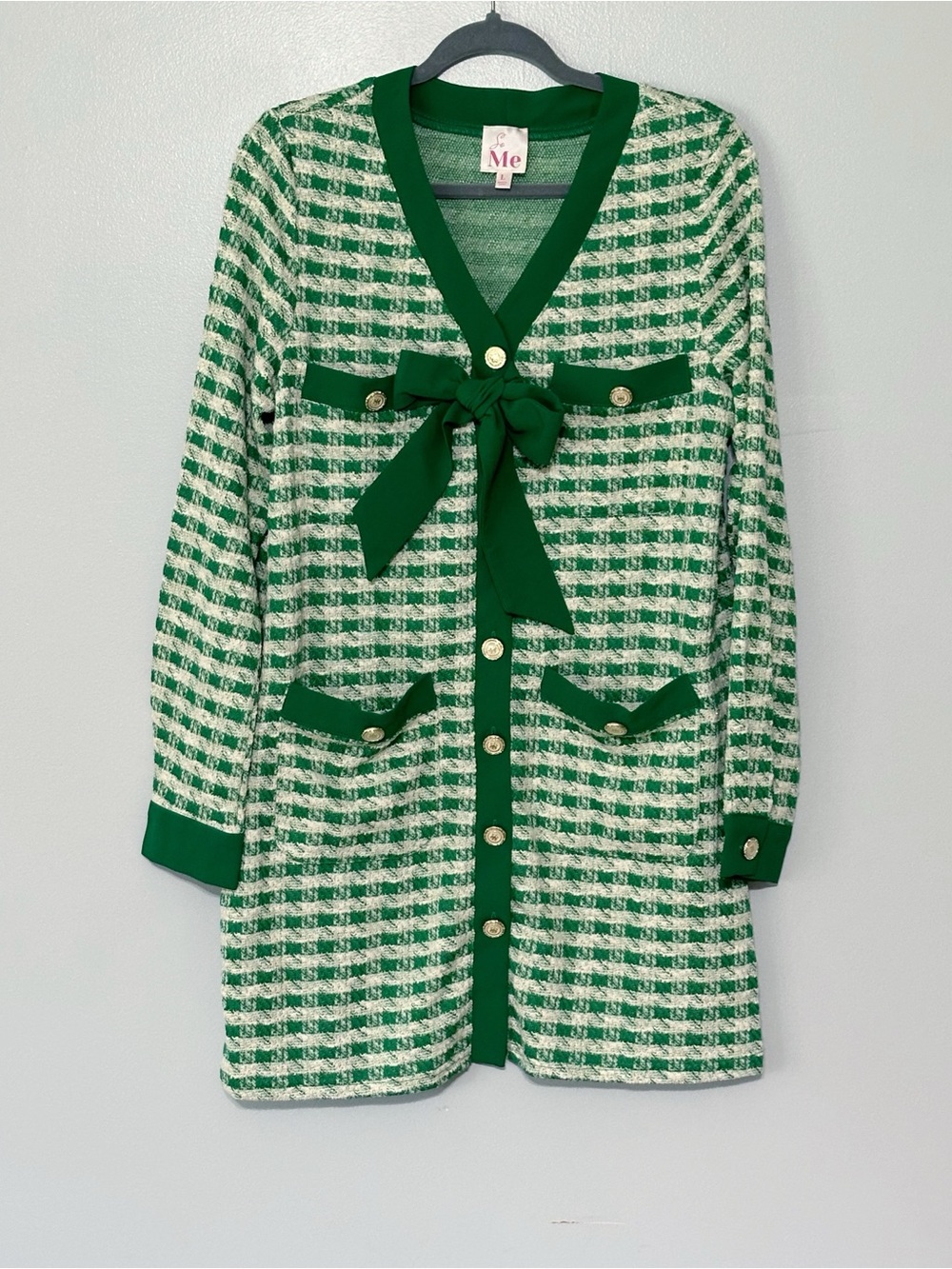 So Me Plaid‎ Tweed Knit Tie Front Shirt Dress Size Large